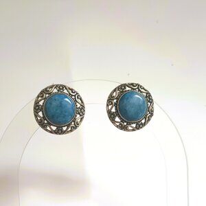 Carolyn Pollack 925 Sodalite Earrings Sterling Silver Blue Open Work Round Post